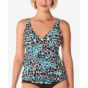 Swim Solutions Tankini Top Womens 10 Ruffled Tiered Blue Brown Resort NEW